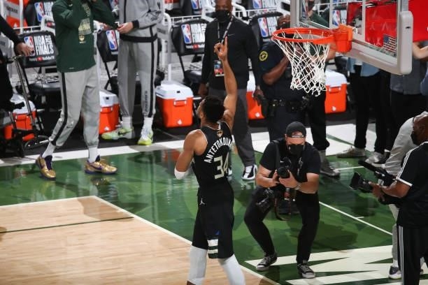 Giannis Antetokounmpo of the Milwaukee Bucks looks on before Game Six of the 2021 NBA Finals on July 20, 2021 at the Fiserv Forum in Milwaukee,...