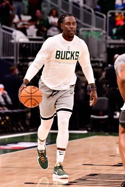 Jrue Holiday of the Milwaukee Bucks warms up before the game against the Phoenix Suns during Game Six of the 2021 NBA Finals on July 20, 2021 at the...