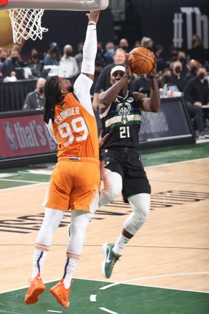 Jrue Holiday of the Milwaukee Bucks shoots the ball against the Phoenix Suns during Game Six of the 2021 NBA Finals on July 20, 2021 at the Fiserv...