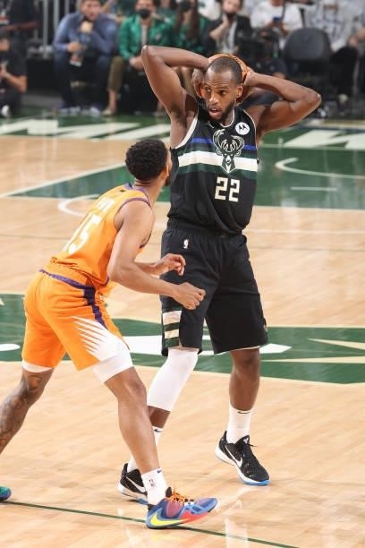Khris Middleton of the Milwaukee Bucks handles the ball during Game Six of the 2021 NBA Finals on July 20, 2021 at the Fiserv Forum in Milwaukee,...