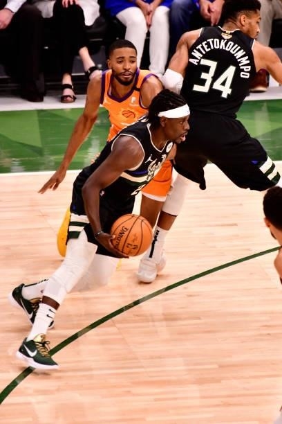 Jrue Holiday of the Milwaukee Bucks drives to the basket against the Phoenix Suns during Game Six of the 2021 NBA Finals on July 20, 2021 at the...