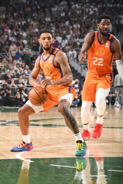 Cameron Payne of the Phoenix Suns handles the ball during the game against the Milwaukee Bucks during Game Six of the 2021 NBA Finals on July 20,...