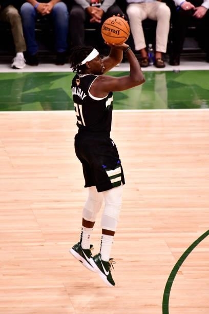 Jrue Holiday of the Milwaukee Bucks shoots a 3-pointer against the Phoenix Suns during Game Six of the 2021 NBA Finals on July 20, 2021 at the Fiserv...