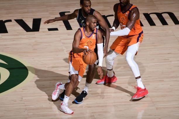 Chris Paul of the Phoenix Suns drives to the basket during the game against the Milwaukee Bucks during Game Six of the 2021 NBA Finals on July 20,...