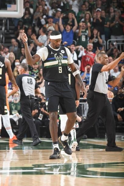 Bobby Portis of the Milwaukee Bucks reacts to a play during the game against the Phoenix Suns during Game Six of the 2021 NBA Finals on July 20, 2021...