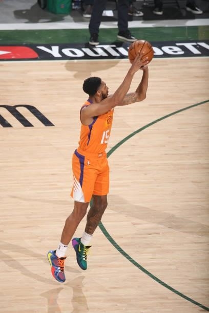 Cameron Payne of the Phoenix Suns shoots a three point basket against the Milwaukee Bucks during Game Six of the 2021 NBA Finals on July 20, 2021 at...