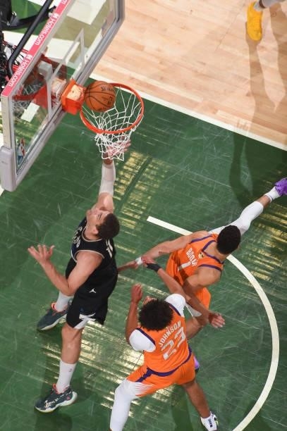 Brook Lopez of the Milwaukee Bucks shoots the ball during the game against the Phoenix Suns during Game Six of the 2021 NBA Finals on July 20, 2021...