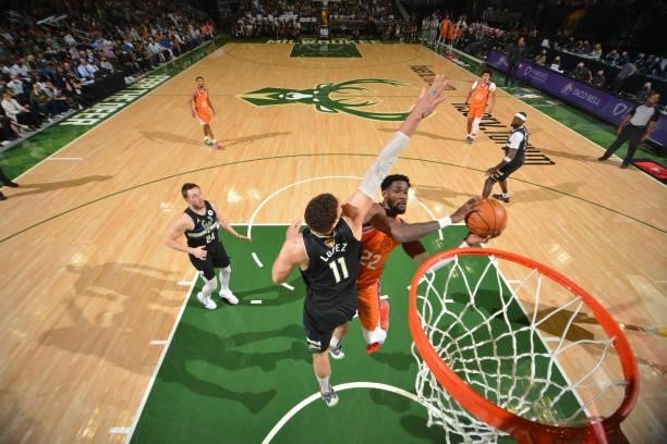 Deandre Ayton of the Phoenix Suns shoots the ball against the Milwaukee Bucks during Game Six of the 2021 NBA Finals on July 20, 2021 at Fiserv Forum...