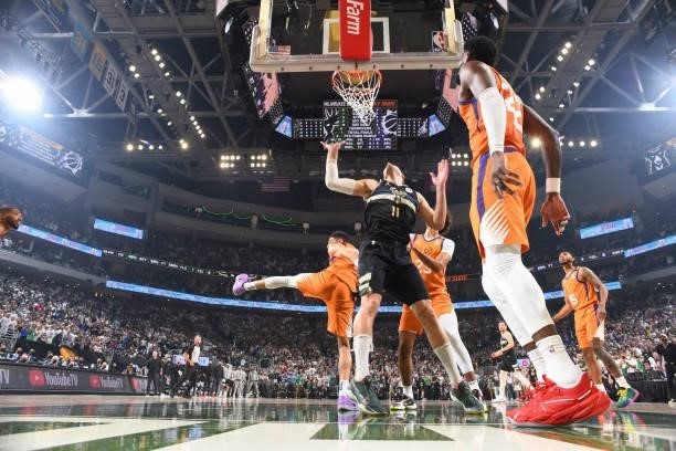 Brook Lopez of the Milwaukee Bucks shoots the ball during the game against the Phoenix Suns during Game Six of the 2021 NBA Finals on July 20, 2021...