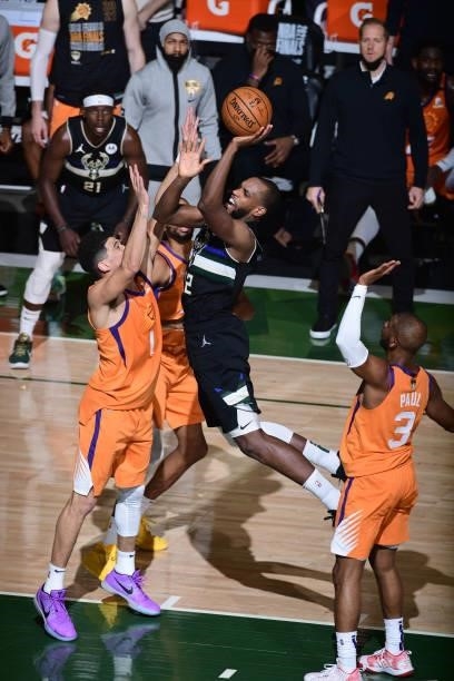 Khris Middleton of the Milwaukee Bucks shoots the ball during the game against the Phoenix Suns during Game Six of the 2021 NBA Finals on July 20,...