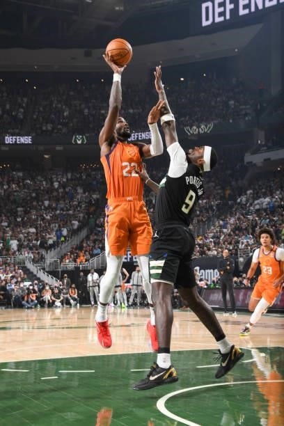 Deandre Ayton of the Phoenix Suns shoots the ball during the game against the Milwaukee Bucks during Game Six of the 2021 NBA Finals on July 20, 2021...