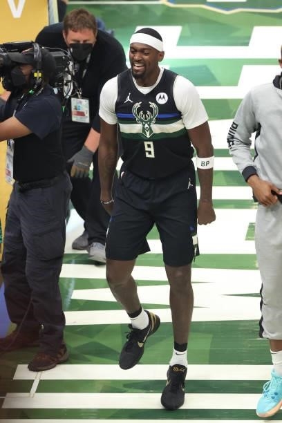 Bobby Portis of the Milwaukee Bucks celebrates during Game Six of the 2021 NBA Finals on July 20, 2021 at Fiserv Forum in Milwaukee, Wisconsin. NOTE...