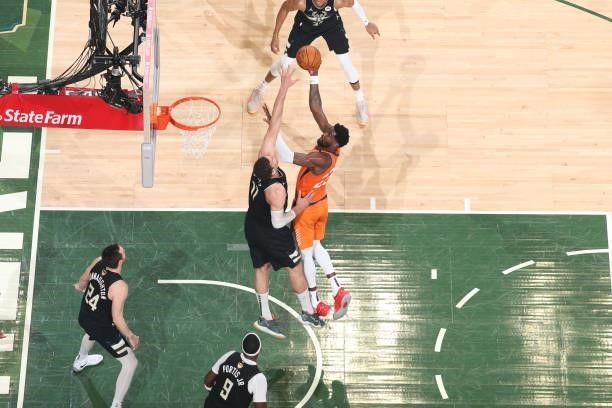 Deandre Ayton of the Phoenix Suns shoots the ball against the Milwaukee Bucks during Game Six of the 2021 NBA Finals on July 20, 2021 at the Fiserv...
