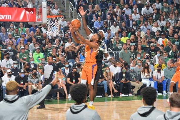 Mikal Bridges of the Phoenix Suns shoots the ball against the Milwaukee Bucks during Game Six of the 2021 NBA Finals on July 20, 2021 at Fiserv Forum...