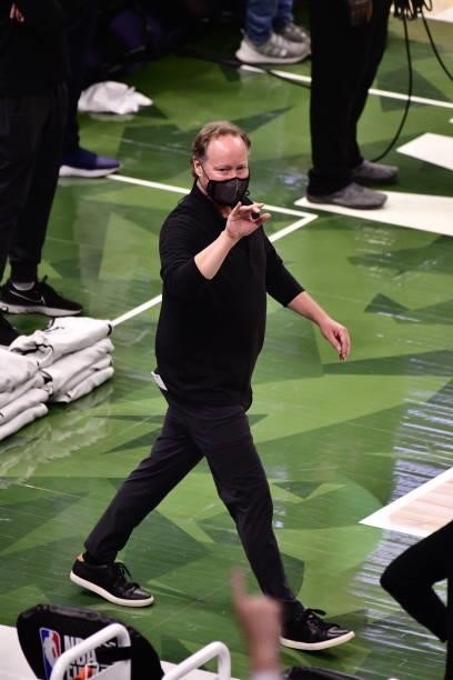 Head Coach, Mike Budenholzer of the Milwaukee Bucks walks out onto the court before the game against the Phoenix Suns during Game Six of the 2021 NBA...