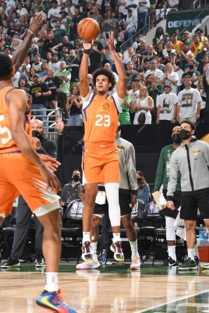 Cameron Johnson of the Phoenix Suns shoots the ball during the game against the Milwaukee Bucks during Game Six of the 2021 NBA Finals on July 20,...