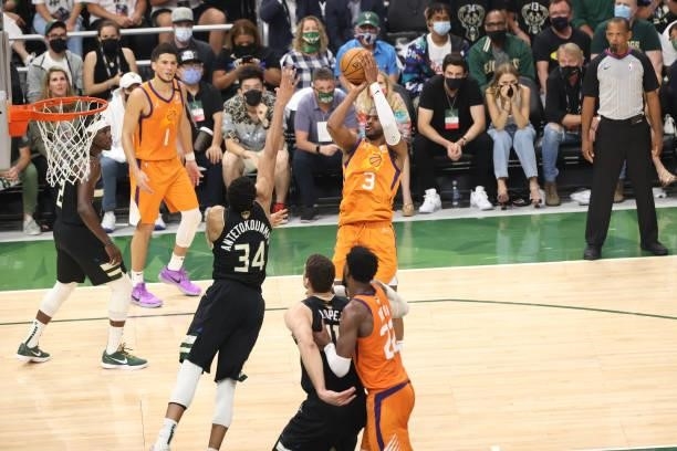 Chris Paul of the Phoenix Suns shoots the ball against the Milwaukee Bucks during Game Six of the 2021 NBA Finals on July 20, 2021 at Fiserv Forum in...