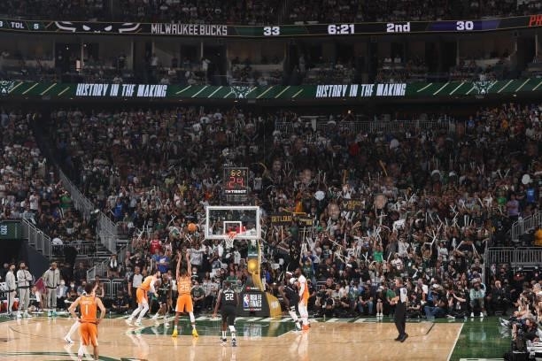 Mikal Bridges of the Phoenix Suns shoots a free throw against the Milwaukee Bucks during Game Six of the 2021 NBA Finals on July 20, 2021 at the...