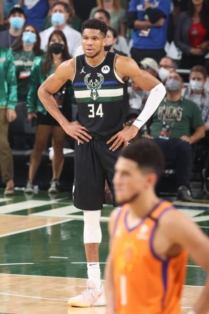 Giannis Antetokounmpo of the Milwaukee Bucks looks on during Game Six of the 2021 NBA Finals on July 20, 2021 at the Fiserv Forum in Milwaukee,...