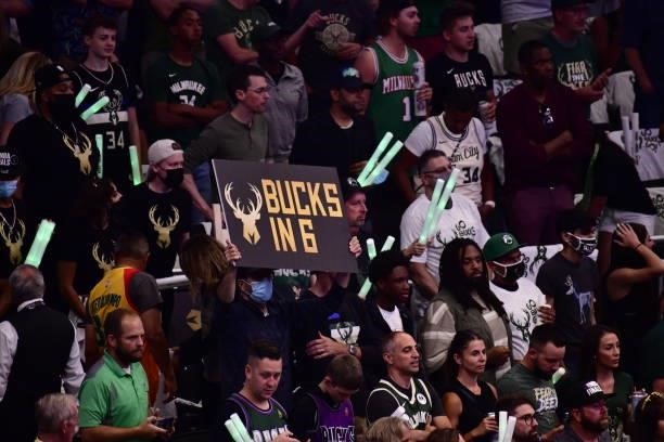 Milwaukee Bucks fan holds up a sign during the game against the Phoenix Suns during Game Six of the 2021 NBA Finals on July 20, 2021 at the Fiserv...