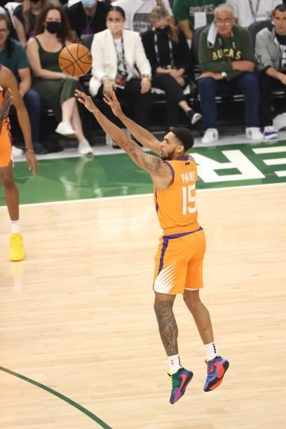 Cameron Payne of the Phoenix Suns shoots a three point basket against the Milwaukee Bucks during Game Six of the 2021 NBA Finals on July 20, 2021 at...