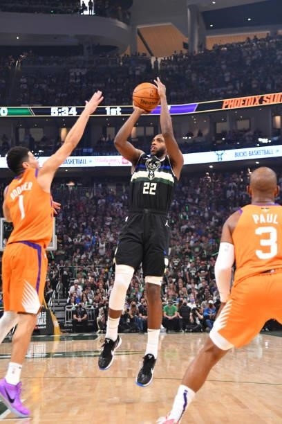 Khris Middleton of the Milwaukee Bucks shoots the ball against the Phoenix Suns during Game Six of the 2021 NBA Finals on July 20, 2021 at Fiserv...