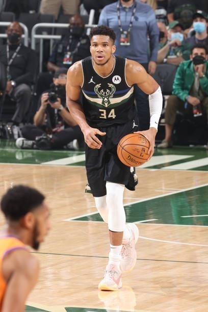 Giannis Antetokounmpo of the Milwaukee Bucks dribbles the ball during Game Six of the 2021 NBA Finals on July 20, 2021 at the Fiserv Forum in...