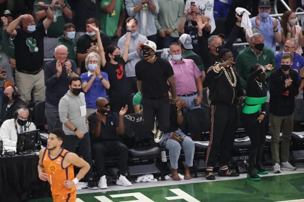 Former Milwaukee Bucks player, Brandon Jennings cheers during Game Six of the 2021 NBA Finals on July 20, 2021 at Fiserv Forum in Milwaukee,...