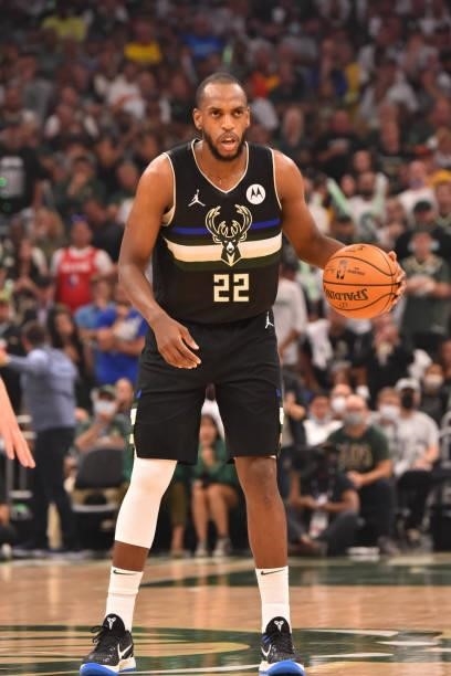 Khris Middleton of the Milwaukee Bucks handles the ball against the Phoenix Suns during Game Six of the 2021 NBA Finals on July 20, 2021 at Fiserv...