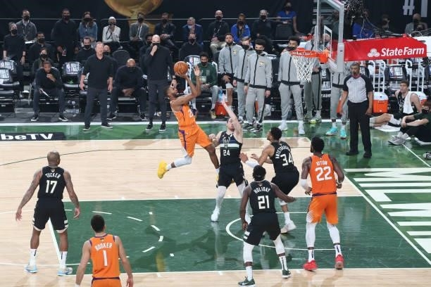 Mikal Bridges of the Phoenix Suns shoots the ball against the Milwaukee Bucks during Game Six of the 2021 NBA Finals on July 20, 2021 at the Fiserv...
