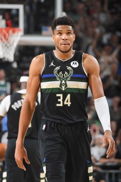 Giannis Antetokounmpo of the Milwaukee Bucks looks on during the game against the Phoenix Suns during Game Six of the 2021 NBA Finals on July 20,...