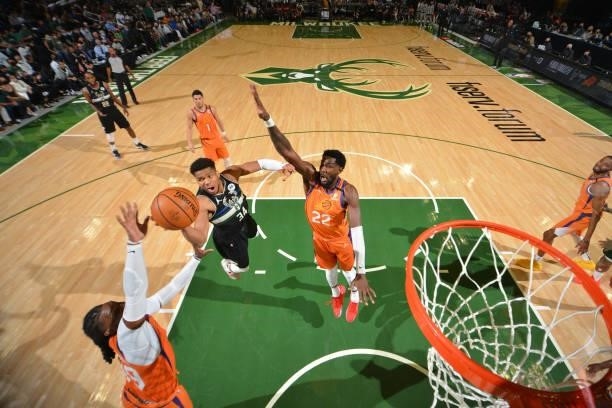 Giannis Antetokounmpo of the Milwaukee Bucks shoots the ball against the Phoenix Suns during Game Six of the 2021 NBA Finals on July 20, 2021 at...