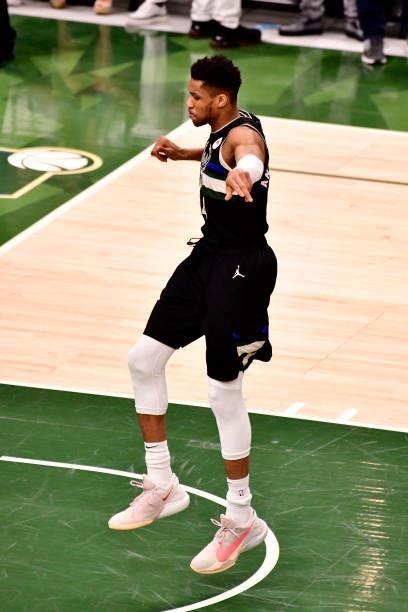 Giannis Antetokounmpo of the Milwaukee Bucks gets pumped before the game against the Phoenix Suns during Game Six of the 2021 NBA Finals on July 20,...
