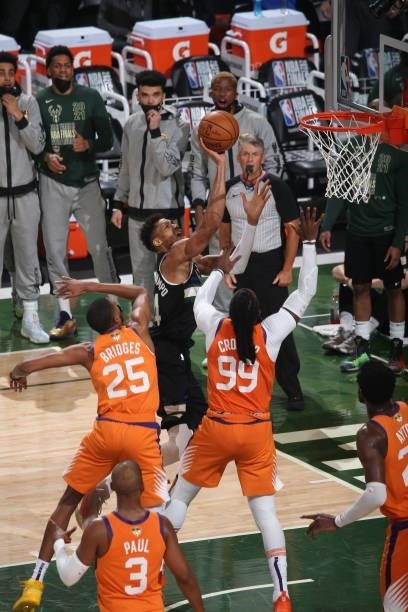 Giannis Antetokounmpo of the Milwaukee Bucks drives to the basket against the Phoenix Suns during Game Six of the 2021 NBA Finals on July 20, 2021 at...