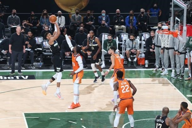 Giannis Antetokounmpo of the Milwaukee Bucks shoots the ball against the Phoenix Suns during Game Six of the 2021 NBA Finals on July 20, 2021 at the...