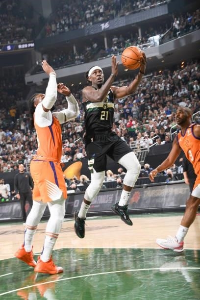 Jrue Holiday of the Milwaukee Bucks drives to the basket during the game against the Phoenix Suns during Game Six of the 2021 NBA Finals on July 20,...