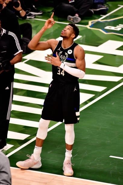 Giannis Antetokounmpo of the Milwaukee Bucks looks on before the game against the Phoenix Suns during Game Six of the 2021 NBA Finals on July 20,...