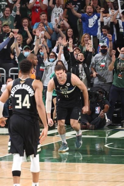 Brook Lopez of the Milwaukee Bucks celebrates during Game Six of the 2021 NBA Finals on July 20, 2021 at the Fiserv Forum in Milwaukee, Wisconsin....
