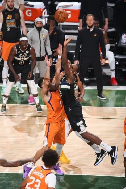Khris Middleton of the Milwaukee Bucks shoots the ball against the Phoenix Suns during Game Six of the 2021 NBA Finals on July 20, 2021 at the Fiserv...