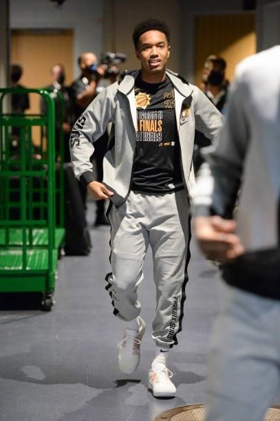 Ty-Shon Alexander of the Phoenix Suns walks on to the court before the game against the Milwaukee Bucks during Game Six of the 2021 NBA Finals on...