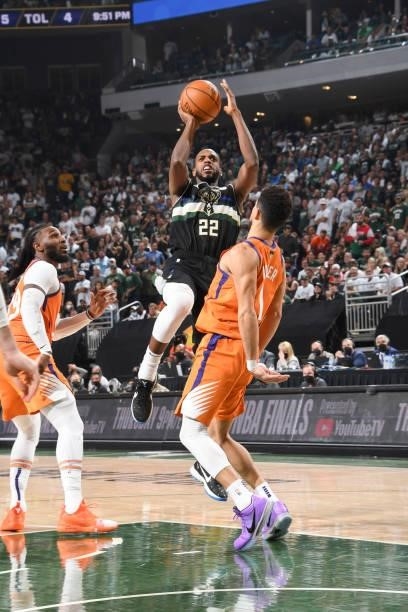 Khris Middleton of the Milwaukee Bucks shoots the ball during the game against the Phoenix Suns during Game Six of the 2021 NBA Finals on July 20,...