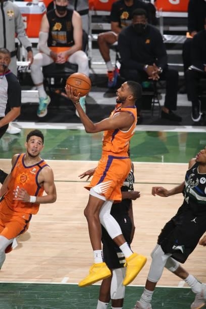Mikal Bridges of the Phoenix Suns drives to the basket against the Milwaukee Bucks during Game Six of the 2021 NBA Finals on July 20, 2021 at the...