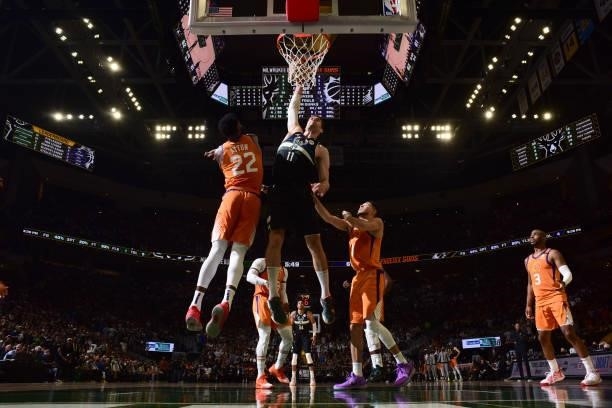 Brook Lopez of the Milwaukee Bucks dunks the ball during the game against the Phoenix Suns during Game Six of the 2021 NBA Finals on July 20, 2021 at...
