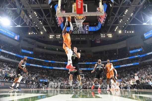 Deandre Ayton of the Phoenix Suns dunks the ball during the game against the Milwaukee Bucks during Game Six of the 2021 NBA Finals on July 20, 2021...