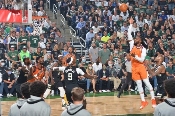 Jae Crowder of the Phoenix Suns shoots the ball against the Milwaukee Bucks during Game Six of the 2021 NBA Finals on July 20, 2021 at Fiserv Forum...