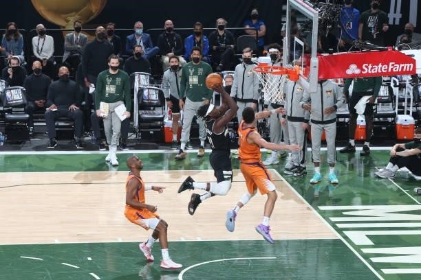 Jrue Holiday of the Milwaukee Bucks shoots the ball against the Phoenix Suns during Game Six of the 2021 NBA Finals on July 20, 2021 at the Fiserv...
