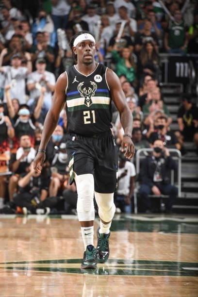 Jrue Holiday of the Milwaukee Bucks looks on during the game against the Phoenix Suns during Game Six of the 2021 NBA Finals on July 20, 2021 at the...