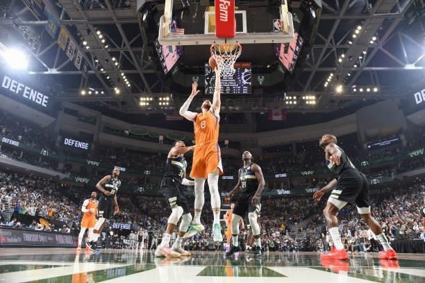 Frank Kaminsky of the Phoenix Suns shoots the ball during the game against the Milwaukee Bucks during Game Six of the 2021 NBA Finals on July 20,...