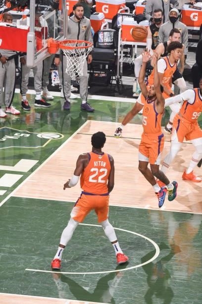 Cameron Payne of the Phoenix Suns rebounds the ball during the game against the Milwaukee Bucks during Game Six of the 2021 NBA Finals on July 20,...