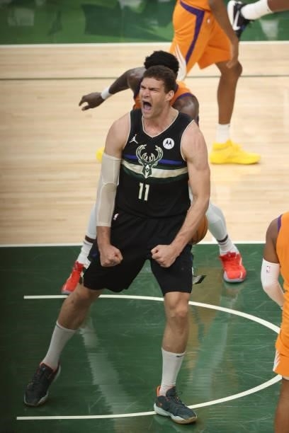 Brook Lopez of the Milwaukee Bucks celebrates during Game Six of the 2021 NBA Finals on July 20, 2021 at Fiserv Forum in Milwaukee, Wisconsin. NOTE...